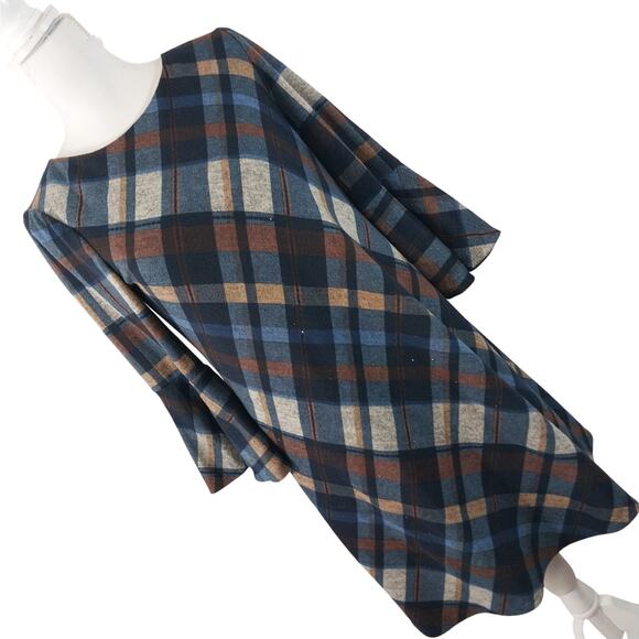 JH! BOLD PLAID NAVY, RUST, WHITE BELL SLEEVE SHIFT STYLE DRESS, SO PRETTY! SZ 8 - Picture 1 of 10